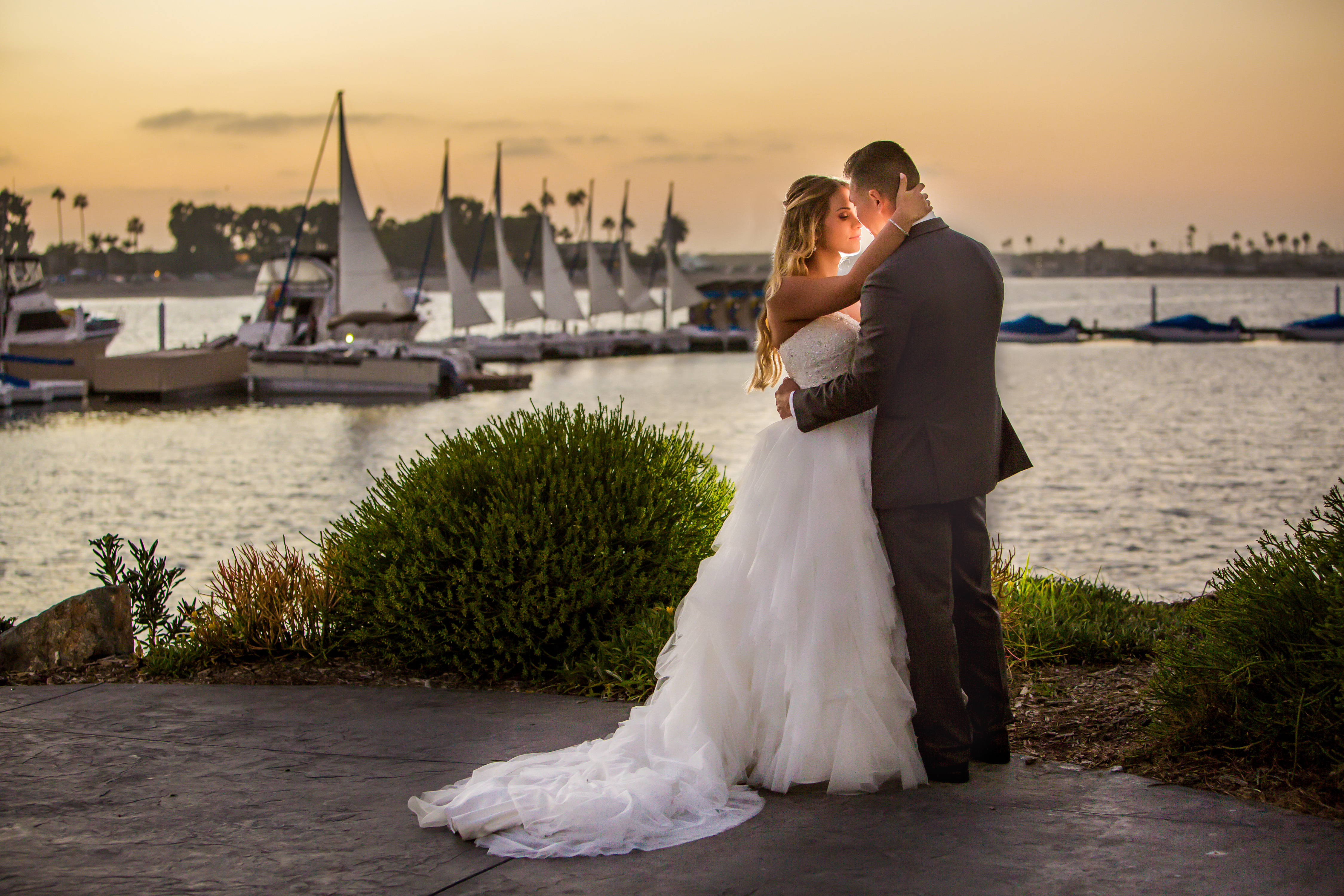 Bride and Groom at Sunset in the Marina